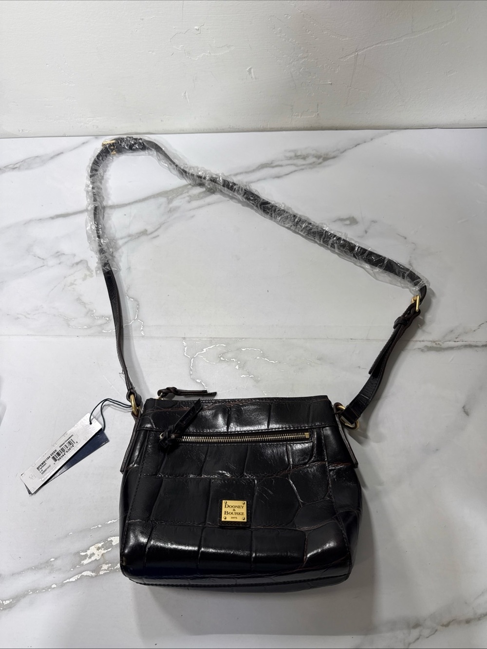 Dooney & Bourke Black Croc-Embossed Leather Crossbody with Gold Hardware